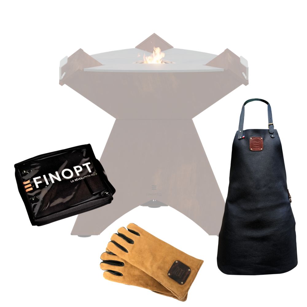 coffret protection pour brasero origine de la marque finoptim, comprenant ganrts, housse de protection et tablier