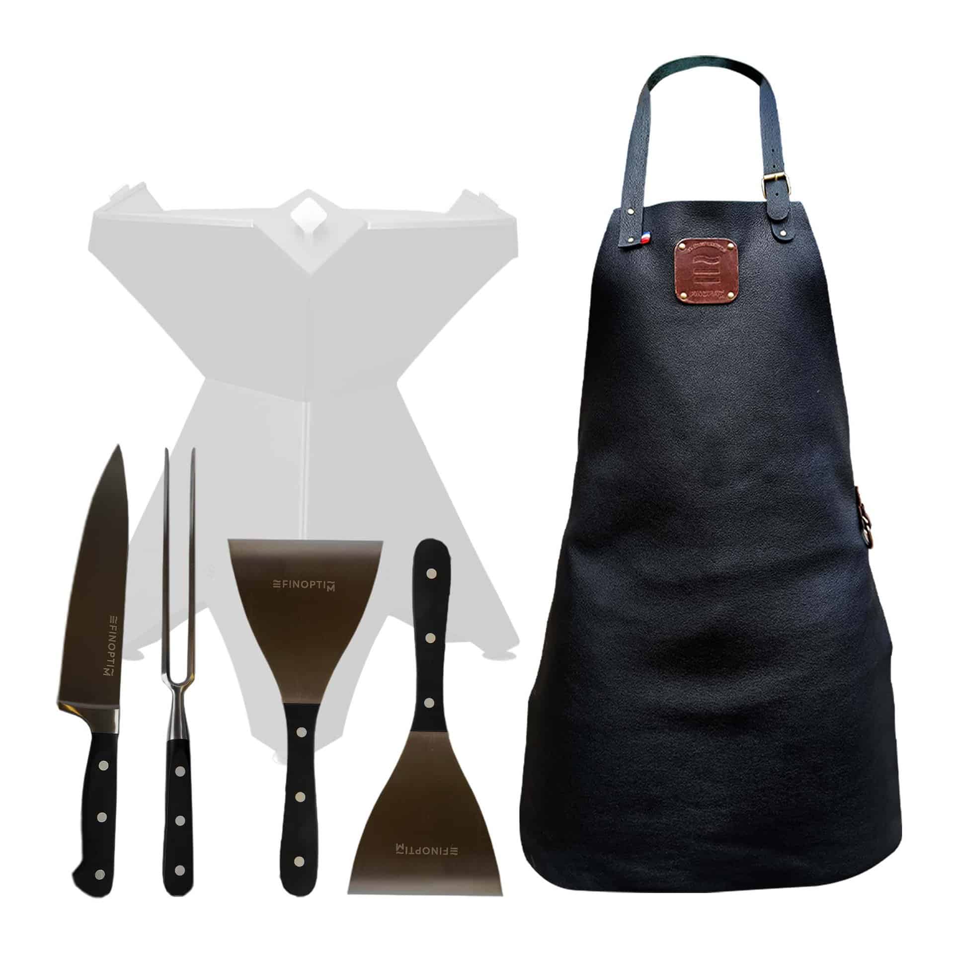 kit plancha du chef, accessoires finoptim comprenant couteau, pic à brochette, spatule et tablier