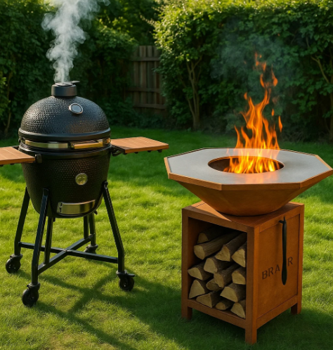 Brasero et kamado en location installés dans un jardin pour un événement en plein air, louez votre appareil